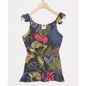 Farm Rio Nina Top‎ Ruffled Cami Black Multi Button Front Eyelet Sleeveless Sz S